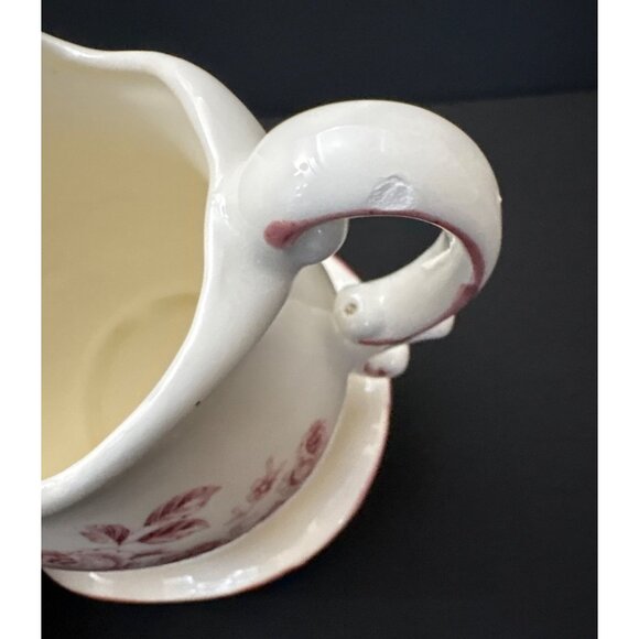 Vintage White Japanese Ceramic Pitcher Pink Floral Design Matching Saucer Plate - Picture 7 of 9